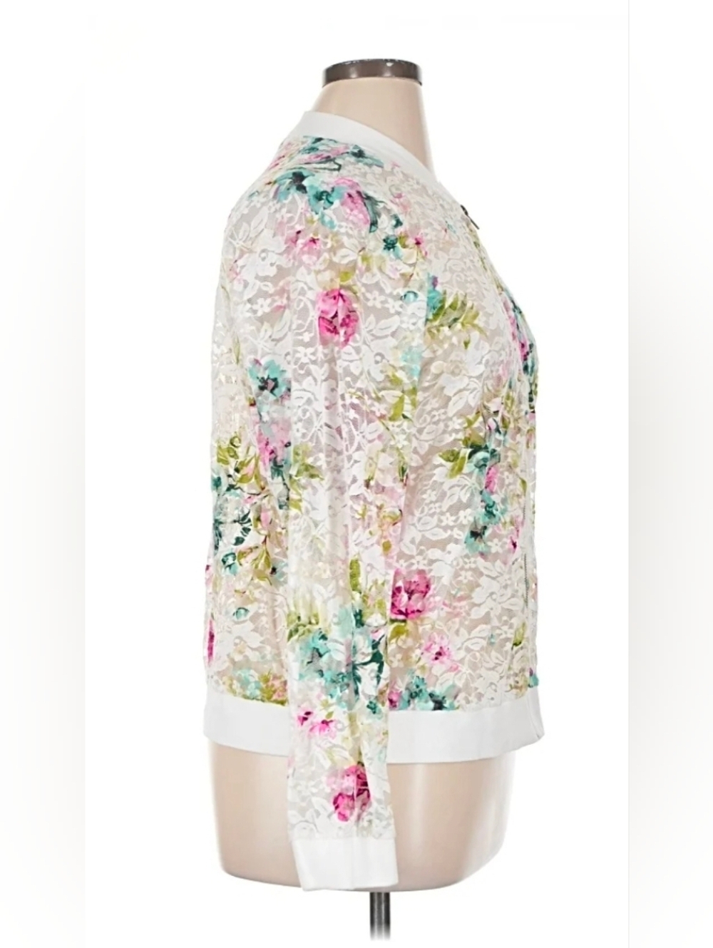 TORRID White Lace ZIP UP  Floral Bomber Jacket with Pink & Teal Accents NICE 👀 - Picture 2 of 3